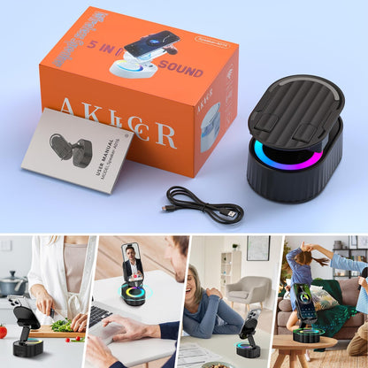 Wireless Induction Audio Bluetooth Speaker 5In1 Phone Holder Emergency Rechargeable (3000Mah) with Colorful Ambient Light 300° Foldable for Tablet Iphone Android, Gifts for Men Women (Black)