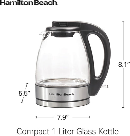 Glass Electric Tea Kettle, Water Boiler & Heater, 1 Liter, 1500 Watts for Fast Boiling, BPA Free, Cordless Serving, Auto-Shutoff & Boil-Dry Protection, Soft Blue LED (40930)