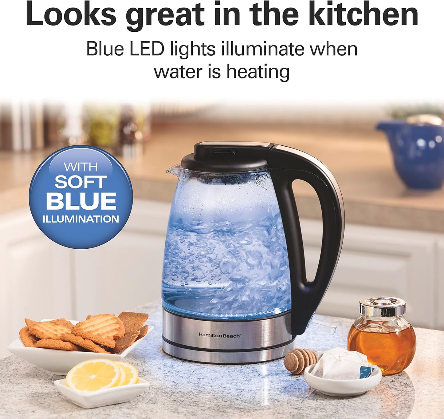 Glass Electric Tea Kettle, Water Boiler & Heater, 1 Liter, 1500 Watts for Fast Boiling, BPA Free, Cordless Serving, Auto-Shutoff & Boil-Dry Protection, Soft Blue LED (40930)