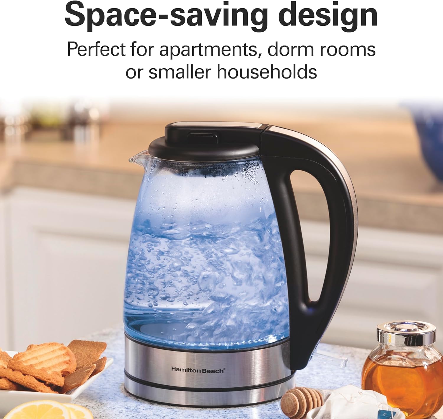 Glass Electric Tea Kettle, Water Boiler & Heater, 1 Liter, 1500 Watts for Fast Boiling, BPA Free, Cordless Serving, Auto-Shutoff & Boil-Dry Protection, Soft Blue LED (40930)